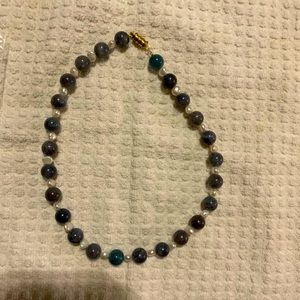 Blue Stone and White Pearl Necklace